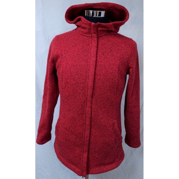 LANDS END Womens M 10-12 Red Full Zip Up Hooded Fleece Mid Length Jacket - Picture 1 of 11